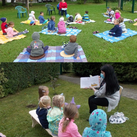 Bibliotekarki z Brennej i Górek Małych czytają przedszkolakom jesienne opowiadania.